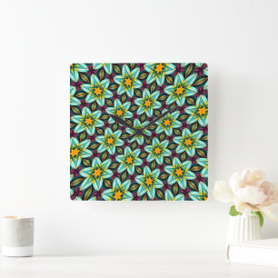Groene sterren Bloemenpatroon Vierkante Klok