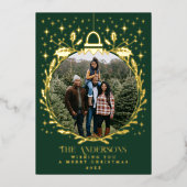 Groene stijlvolle kerstbladornamentfoto folie feestdagenkaart (Voorkant)