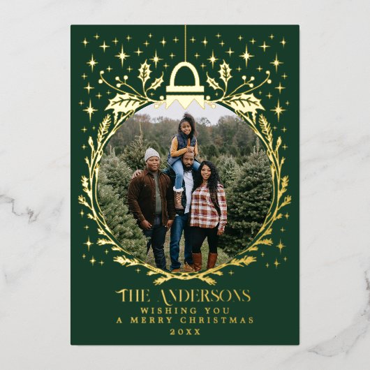 Groene stijlvolle kerstbladornamentfoto  folie feestdagenkaart (Voorkant)