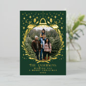 Groene stijlvolle kerstbladornamentfoto folie feestdagenkaart (Staand Voorkant)