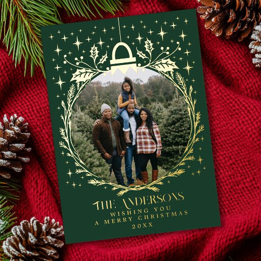 Groene stijlvolle kerstbladornamentfoto folie feestdagenkaart