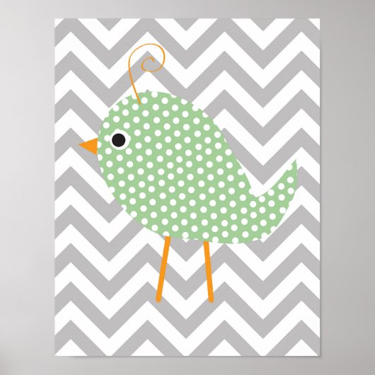 Groene Stippen Vogel, Grijze Chevron Slaapkamer Ba Poster (Voorkant)