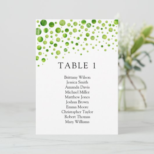 Groene stippen zitplaatskaart. Trouwtafelplan Kaart (Staand voorkant)