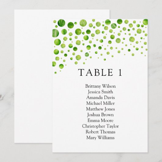 Groene stippen zitplaatskaart. Trouwtafelplan Kaart (Voorkant / Achterkant)