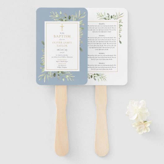 Groene Stof Blauw Doop Doopfeest Programma Handwaaier (Voorkant en achterkant)