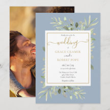 Groene stoffige blauwe gouden script foto trouwfee