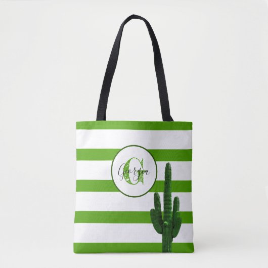 Groene Streep en Saguaro Monogrammed Gepersonalise Tote Bag (Voorkant)