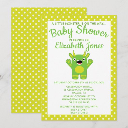 Groene Streep Kleine Monster Baby shower Invitatio Kaart (Voorkant / Achterkant)