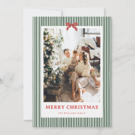 Groene Streep Rode Strik Kerst Foto Vakantiekaart Feestdagenkaart