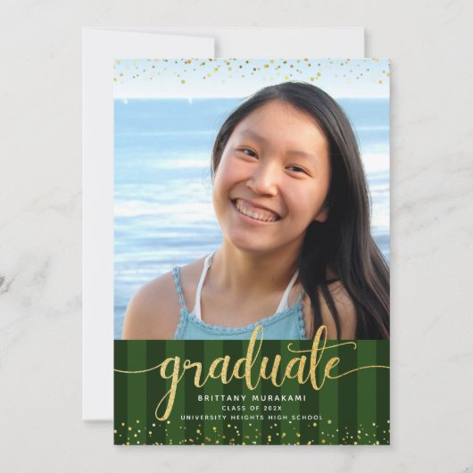 Groene strepen afstuderen foto gouden glitter scri aankondiging (Voorkant)