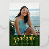 Groene strepen afstuderen fotoscript echt goud folie uitnodiging (Voorkant)