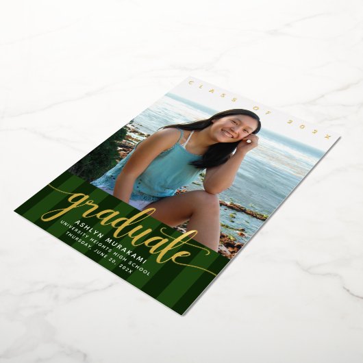 Groene strepen afstuderen fotoscript echt goud folie uitnodiging (Gedraaid)