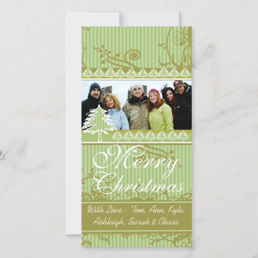 Groene Strepen Dennen Draaikolk Kerst Familie Foto Feestdagenkaart (Voorkant)