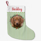 Groene Strepen Evergreen Krans Pet Dog Foto Kleine Kerstsok (Voorkant)