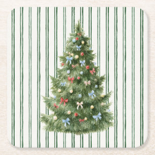 Groene Strepen Kerstboom Kartonnen Onderzetters