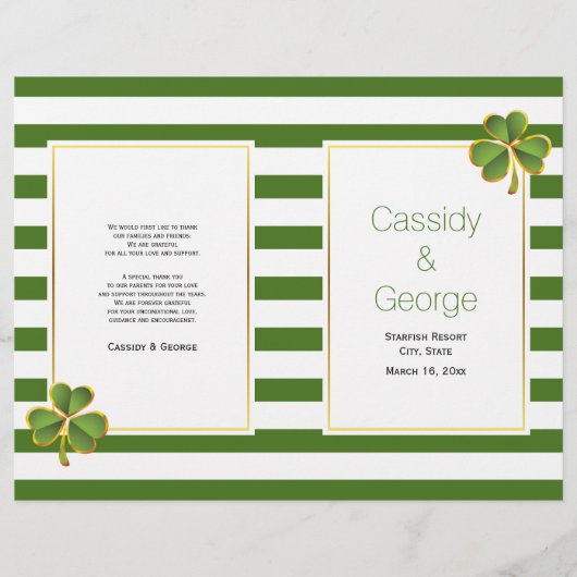 Groene strepen klaver gevouwen Iers trouwprogramma (Voorkant)