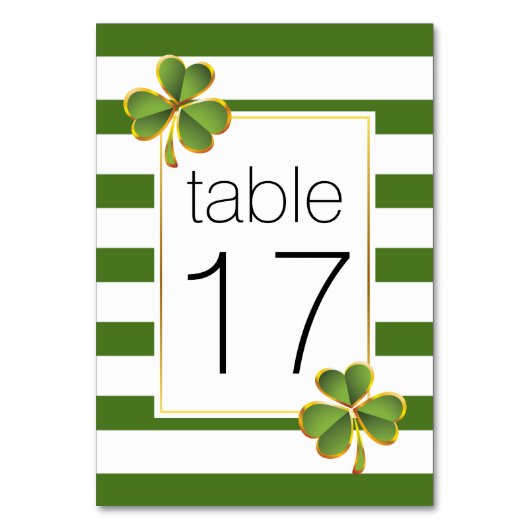 Groene strepen & klaver Ierse bruiloft tafel numme Kaart (Voorkant)