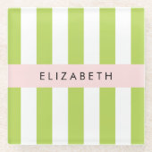 Groene strepen, lijnen, streeppatroon, Jouw naam Glazen Onderzetter (Voorkant)