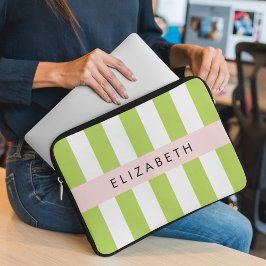 Groene strepen, lijnen, streeppatroon, Jouw naam Laptop Sleeve