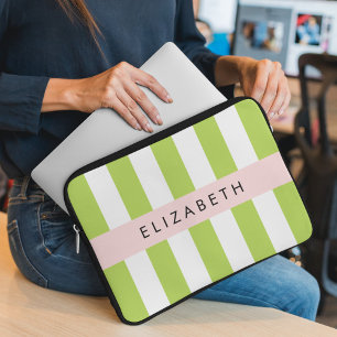 Groene strepen, lijnen, streeppatroon, Jouw naam Laptop Sleeve