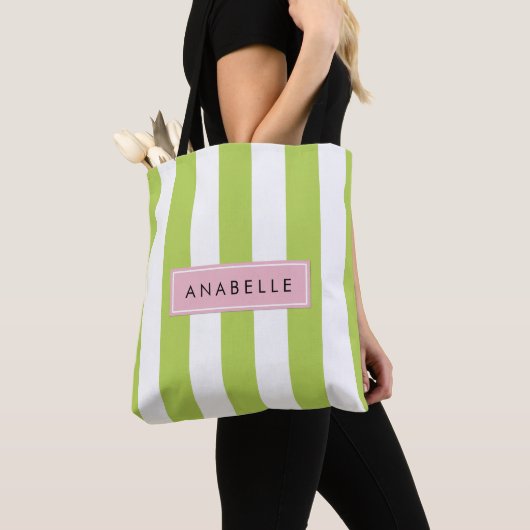 Groene strepen, lijnen, streeppatroon, Jouw naam Tote Bag (Dichtbij)
