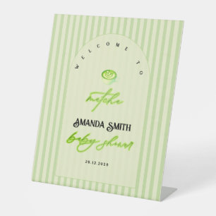 Groene Strepen Matcha Baby Shower Welkom Reclamebord Met Voetstuk