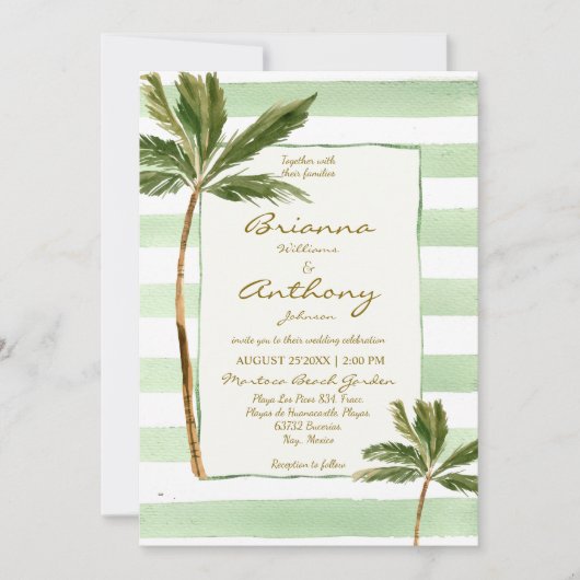 Groene strepen palmen strand bruiloft kaart (Voorkant)