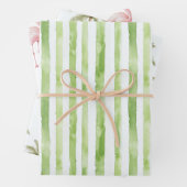 Groene Strepen Roze Flamingo Palmbomen Verjaardag Inpakpapier Vel (In situ)