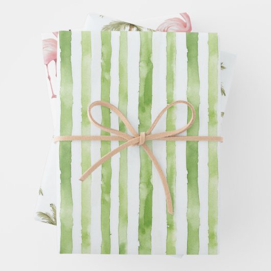 Groene Strepen Roze Flamingo Palmbomen Verjaardag Inpakpapier Vel (In situ)