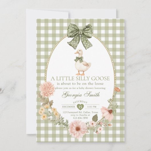 Groene Strik Gingham Dwaze Gans Baby Shower Kaart (Voorkant)