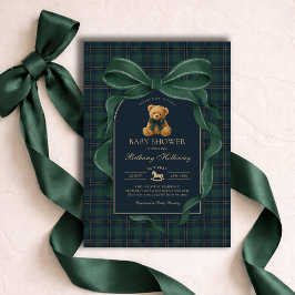 Groene strik teddybeer polo geruite baby shower kaart