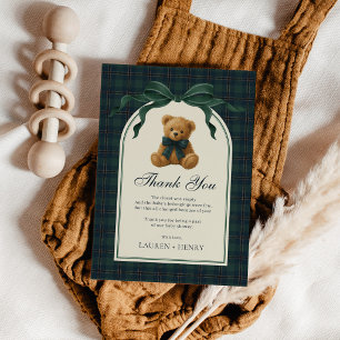 Groene strik teddybeer vintage ruitjespatroon jong bedankkaart