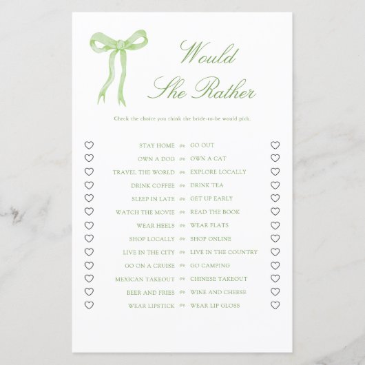 Groene Strik Zou Ze Liever Bruiloft Feest Spel (Voorkant)