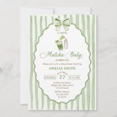Groene strikstrepen Matcha babyshower uitnodiging (Voorkant)
