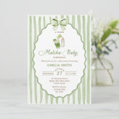 Groene strikstrepen Matcha babyshower uitnodiging (Staand voorkant)