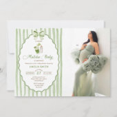 Groene strikstrepen Matcha babyshower uitnodiging (Voorkant)