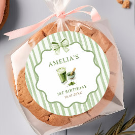 Groene strikstrepen Matcha verjaardagssticker Ronde Sticker