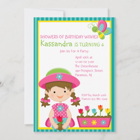 Groene striped Gardening Girl Birthday Invitation Kaart (Voorkant)