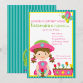 Groene striped Gardening Girl Birthday Invitation Kaart (Voorkant / Achterkant)