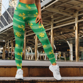 Groene Striples Patroon met Gouden Klavers Patrick Leggings