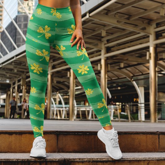 Groene Striples Patroon met Gouden Klavers Patrick Leggings