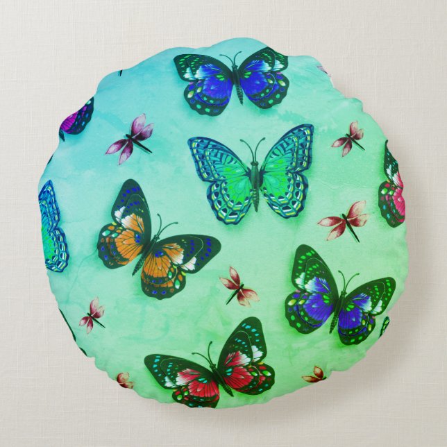 Groene Stropdas-Dye Butterfly Print Round Pillow Rond Kussen (Achterkant)