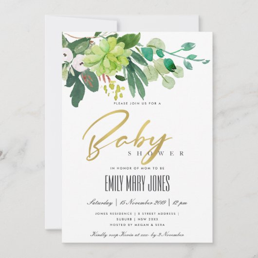 GROENE SUCCULENT FOLIAGE WATERVERF BABY SHOWER KAART (Voorkant)
