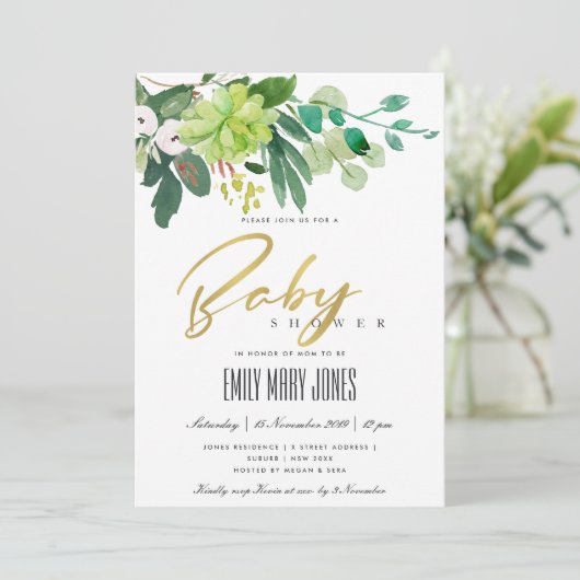 GROENE SUCCULENT FOLIAGE WATERVERF BABY SHOWER KAART (Staand voorkant)