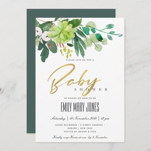 GROENE SUCCULENT FOLIAGE WATERVERF BABY SHOWER KAART (Voorkant / Achterkant)