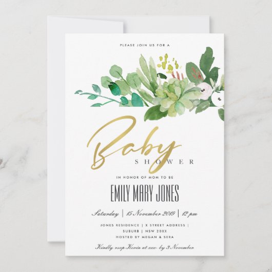 GROENE SUCCULENT FOLIAGE WATERVERF BABY SHOWER KAART (Voorkant)