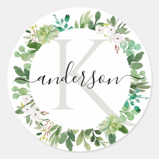 GROENE SUCCULENT WREATH FOLIAGE WATERVERF MONOGRAM RONDE STICKER (Voorkant)