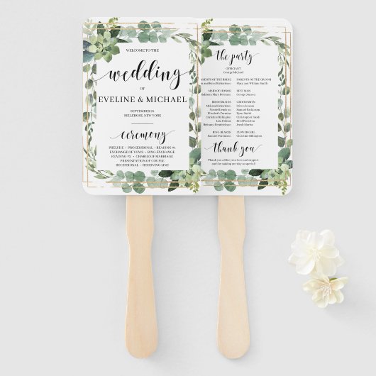 Groene succulente bloemengoud geometrische bruilof handwaaier (Voorkant en achterkant)