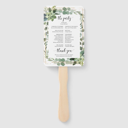 Groene succulente bloemengoud geometrische bruilof handwaaier (Achterkant)