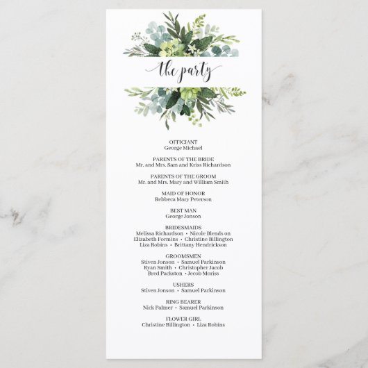 Groene succulente bloemengoud geometrische bruilof programmakaart (Achterkant)